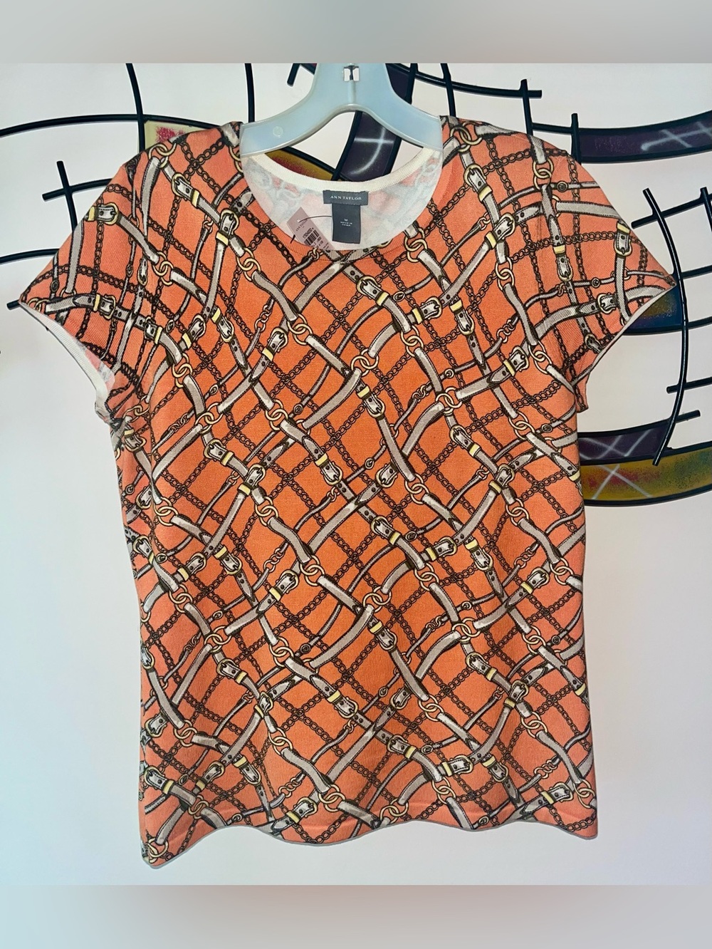 Ann Taylor Silk Blend Orange Chain & Buckle Short Sleeve Knit Top Size M